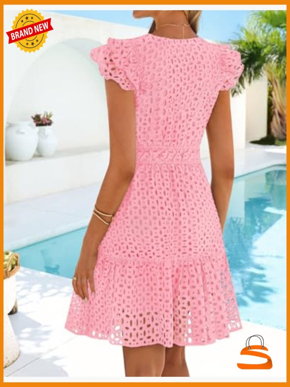 Women's Flutter Short Sleeve Mini Dress V Neck Eyelet A Line Swing Beach - Picture 6 of 7